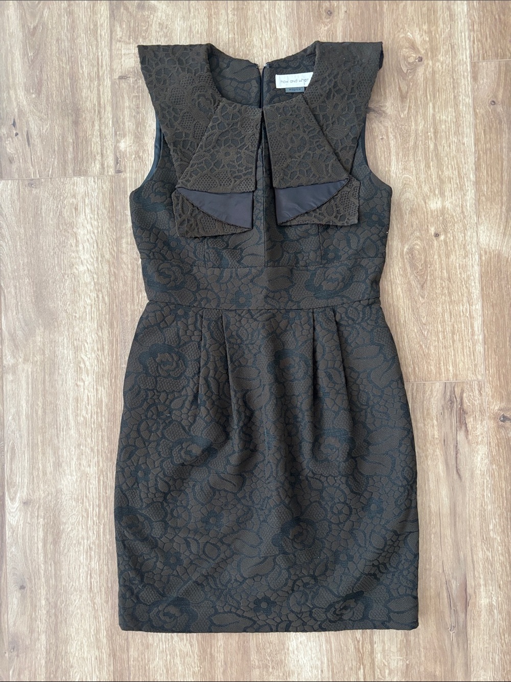 Dark Brown damask Mini Dress with Bow front clasp closure.